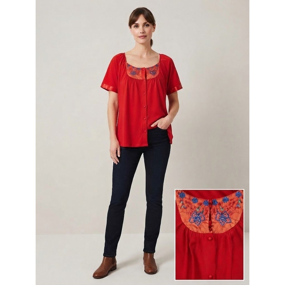 Kelly Reed Pajama Top Womens Medium Red Excellent Vintage Floral Embroidered USA